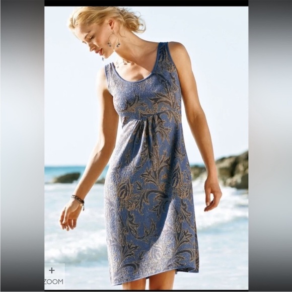 Peruvian Connection Al Fresco Pinafore Pima Cotton Tank Dress Blue Tan Sz M NEW - Picture 14 of 14